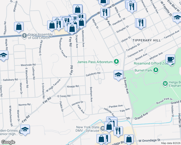 map of restaurants, bars, coffee shops, grocery stores, and more near 202 Salisbury Road in Syracuse