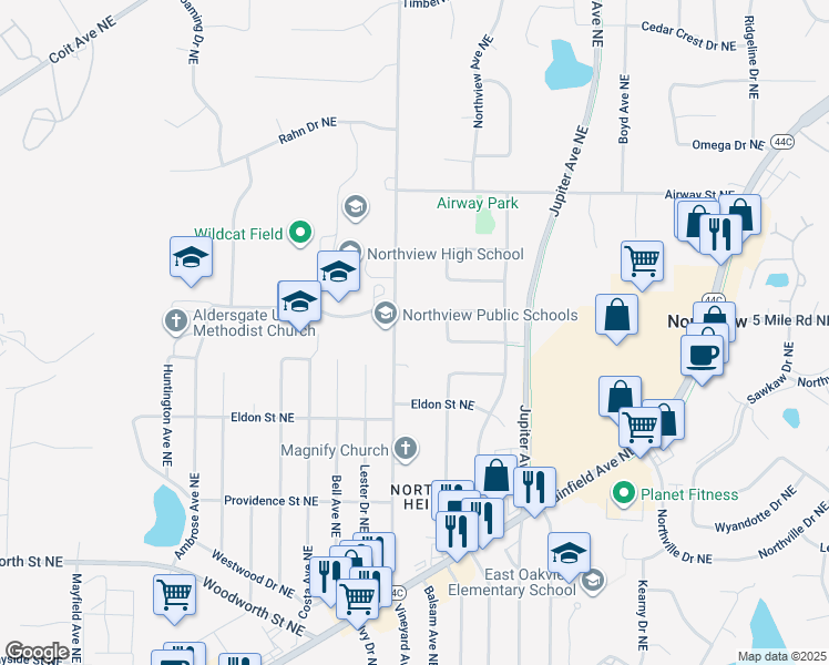 map of restaurants, bars, coffee shops, grocery stores, and more near 4372 Hunsberger Avenue Northeast in Grand Rapids