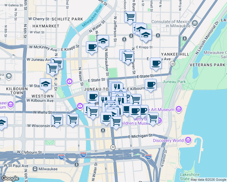 map of restaurants, bars, coffee shops, grocery stores, and more near 839 North Jefferson Street in Milwaukee