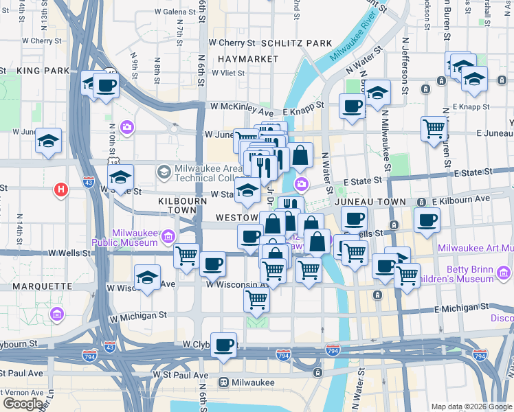 map of restaurants, bars, coffee shops, grocery stores, and more near in Milwaukee