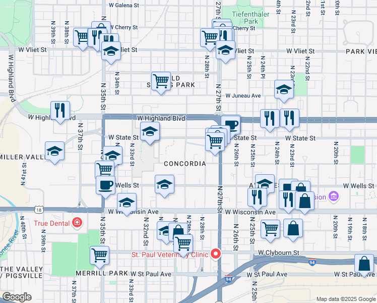 map of restaurants, bars, coffee shops, grocery stores, and more near 941 North 29th Street in Milwaukee