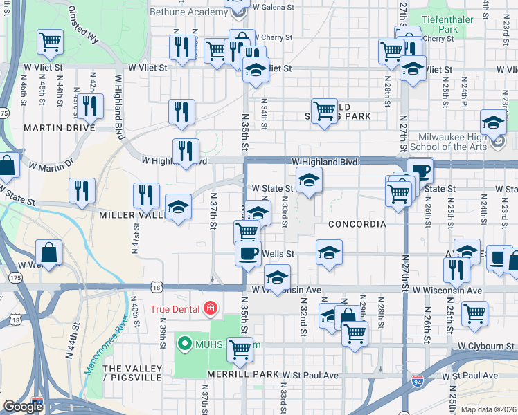 map of restaurants, bars, coffee shops, grocery stores, and more near 932 North 35th Street in Milwaukee
