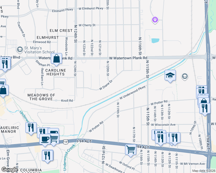 map of restaurants, bars, coffee shops, grocery stores, and more near 12007 West Diane Drive in Wauwatosa