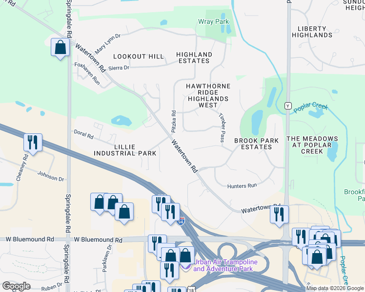 map of restaurants, bars, coffee shops, grocery stores, and more near 21190 Watertown Road in Waukesha