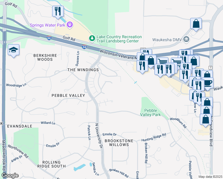 map of restaurants, bars, coffee shops, grocery stores, and more near 2731 North University Drive in Waukesha