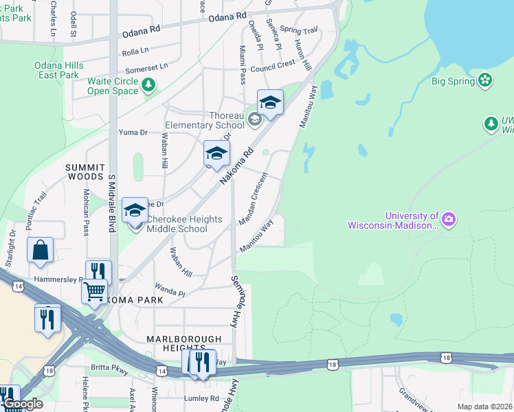 map of restaurants, bars, coffee shops, grocery stores, and more near 4129 Mandan Crescent in Madison