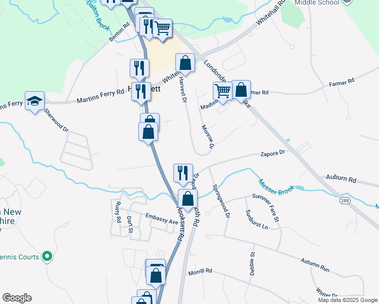 map of restaurants, bars, coffee shops, grocery stores, and more near 29 Harvest Drive in Hooksett