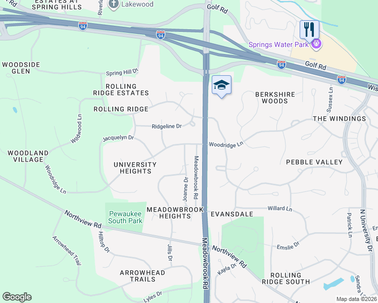 map of restaurants, bars, coffee shops, grocery stores, and more near 2707 Joanne Drive in Waukesha