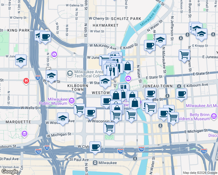map of restaurants, bars, coffee shops, grocery stores, and more near in Milwaukee