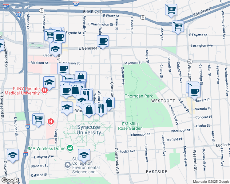 map of restaurants, bars, coffee shops, grocery stores, and more near 417 Comstock Avenue in Syracuse