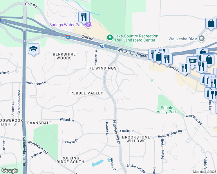 map of restaurants, bars, coffee shops, grocery stores, and more near 2709 North University Drive in Waukesha