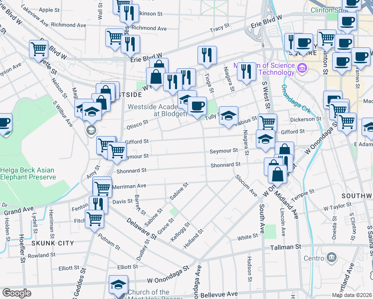 map of restaurants, bars, coffee shops, grocery stores, and more near 424 Seymour Street in Syracuse