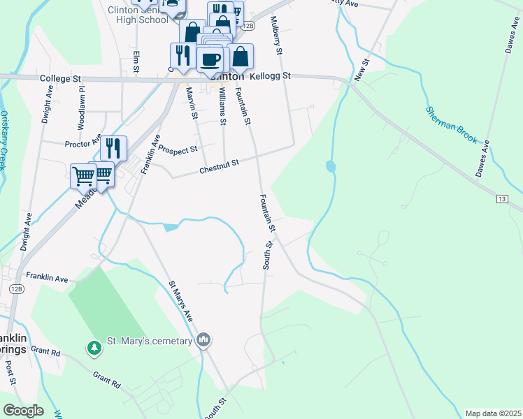 map of restaurants, bars, coffee shops, grocery stores, and more near 3905 Fountain Street in Clinton