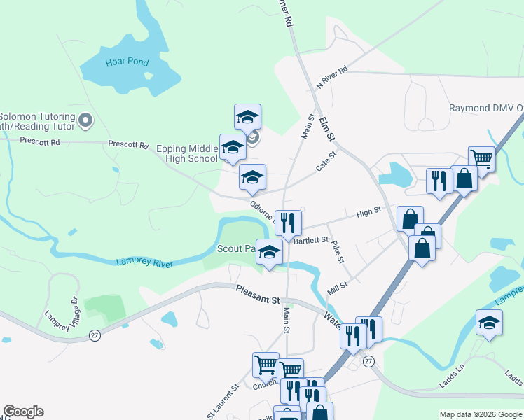 map of restaurants, bars, coffee shops, grocery stores, and more near 30 Odiorne Street in Epping