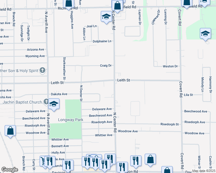 map of restaurants, bars, coffee shops, grocery stores, and more near 3011 Center Road in Flint