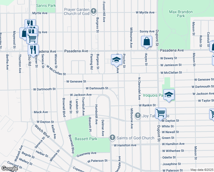 map of restaurants, bars, coffee shops, grocery stores, and more near 1314 West Dartmouth Street in Flint