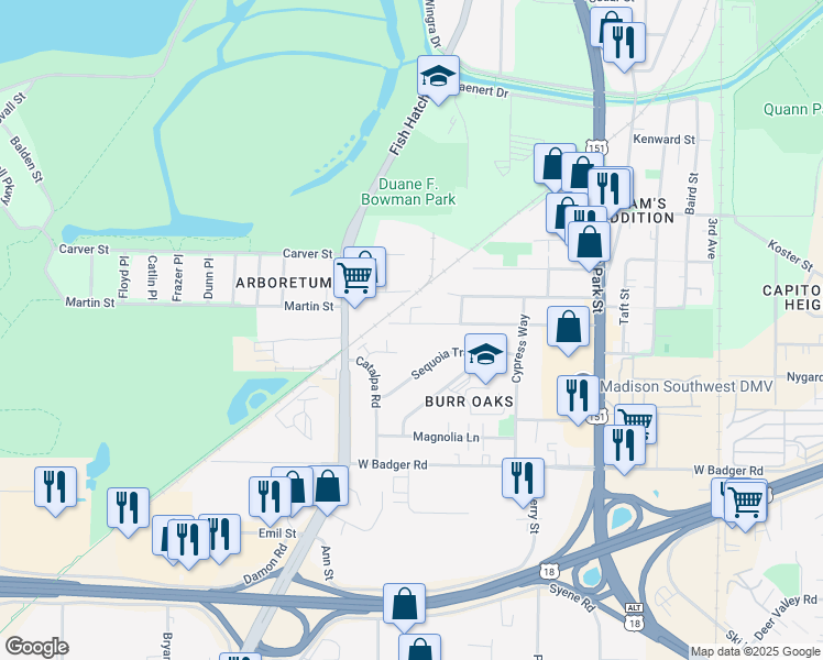 map of restaurants, bars, coffee shops, grocery stores, and more near 1029 Ridgewood Way in Madison