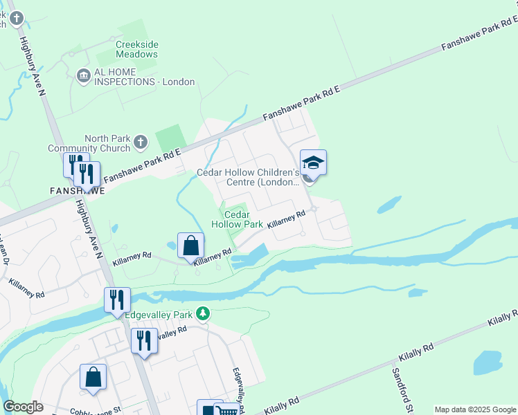 map of restaurants, bars, coffee shops, grocery stores, and more near 1882 Cedarpark Drive in London