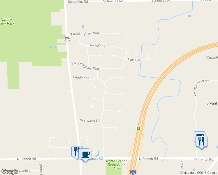 map of restaurants, bars, coffee shops, grocery stores, and more near 233 Landings Drive in Buffalo