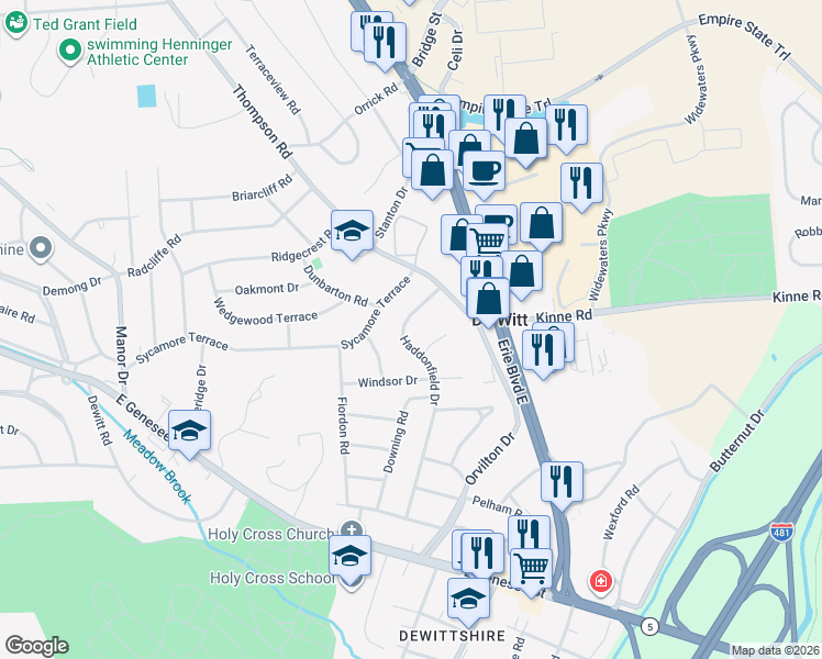 map of restaurants, bars, coffee shops, grocery stores, and more near 111 Haddonfield Drive in Syracuse