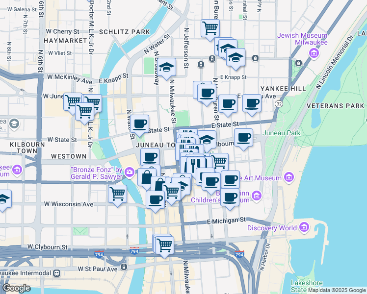 map of restaurants, bars, coffee shops, grocery stores, and more near East Kilbourn Avenue in Milwaukee