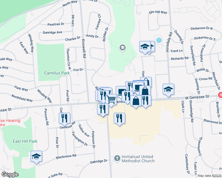 map of restaurants, bars, coffee shops, grocery stores, and more near 6 Channing Lane in Camillus