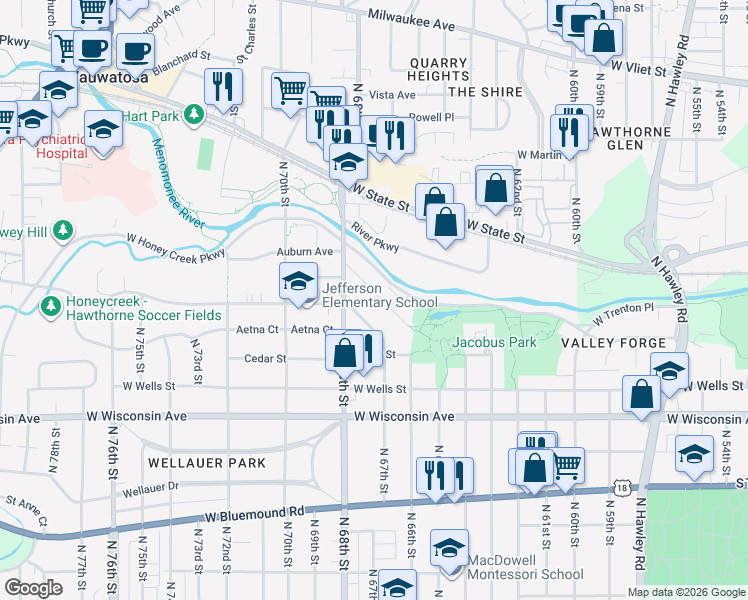 map of restaurants, bars, coffee shops, grocery stores, and more near 6667 Hillside Lane in Wauwatosa