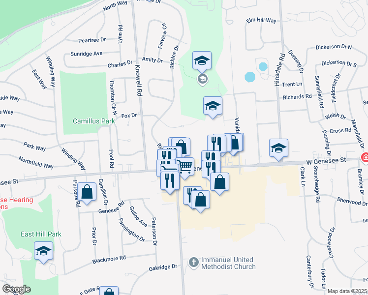 map of restaurants, bars, coffee shops, grocery stores, and more near 6 Channing Ln in Camillus