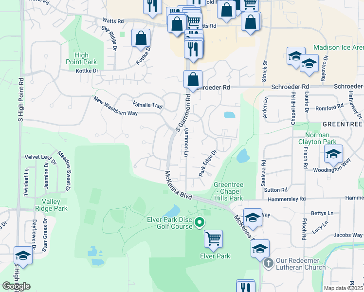 map of restaurants, bars, coffee shops, grocery stores, and more near 1026 Gammon Lane in Madison