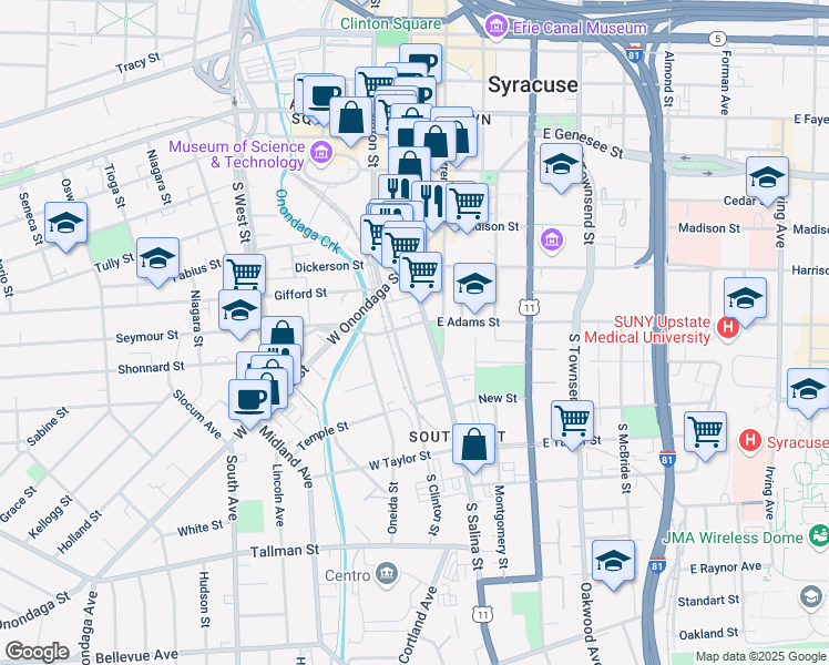 map of restaurants, bars, coffee shops, grocery stores, and more near 600 South Salina Street in Syracuse