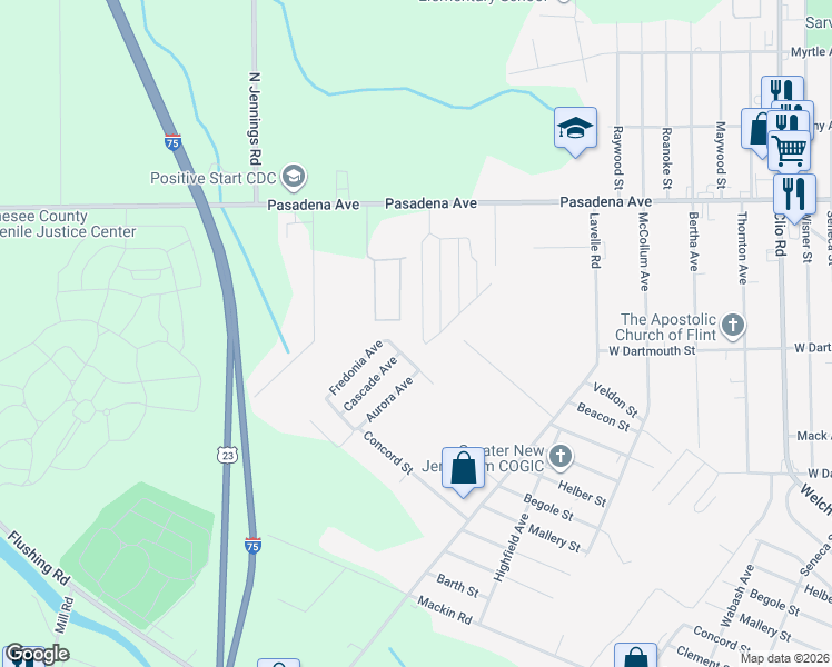 map of restaurants, bars, coffee shops, grocery stores, and more near 2412 Oakwood Drive in Flint