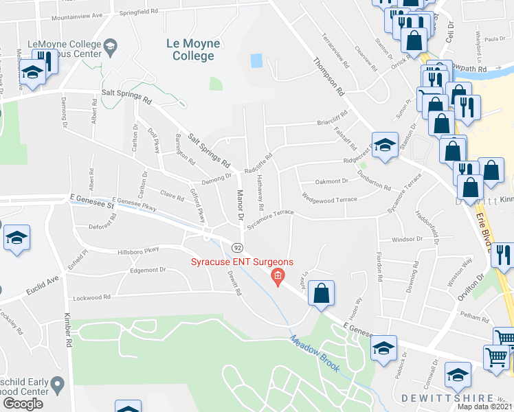 map of restaurants, bars, coffee shops, grocery stores, and more near 107 Hathaway Road in Syracuse