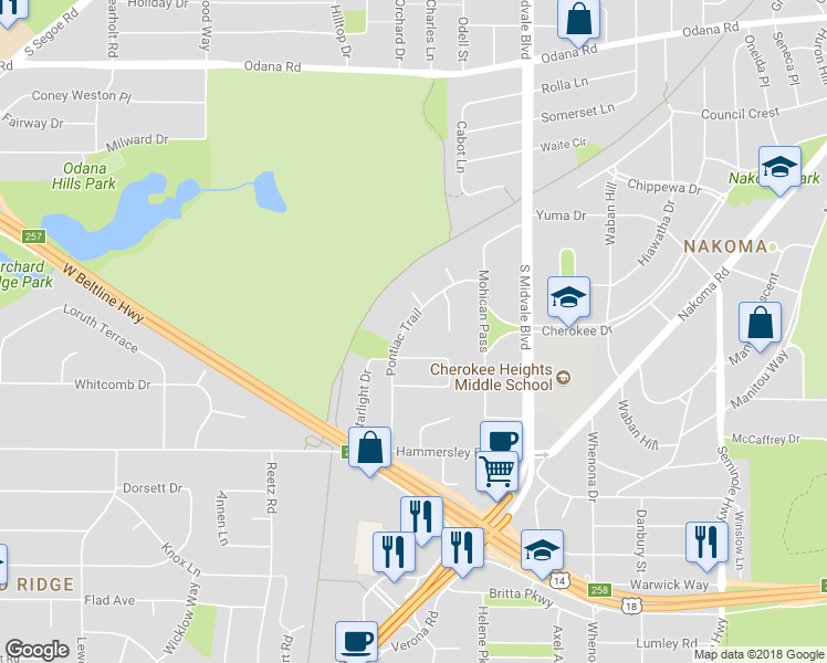 map of restaurants, bars, coffee shops, grocery stores, and more near 941 Pontiac Trail in Madison