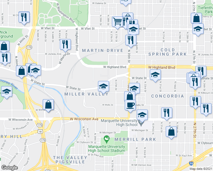 map of restaurants, bars, coffee shops, grocery stores, and more near 3744 West Miller Lane in Milwaukee