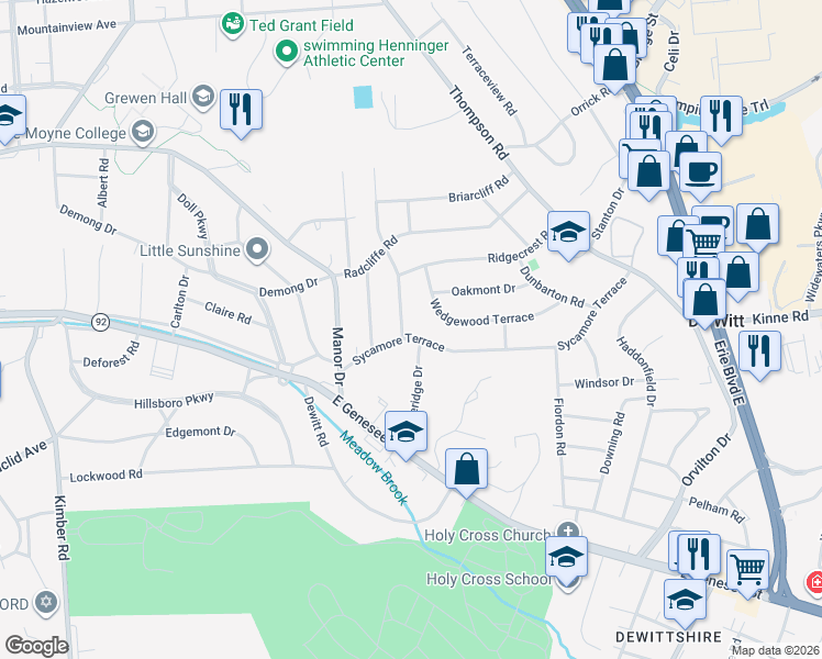 map of restaurants, bars, coffee shops, grocery stores, and more near 102 Revere Road in Syracuse