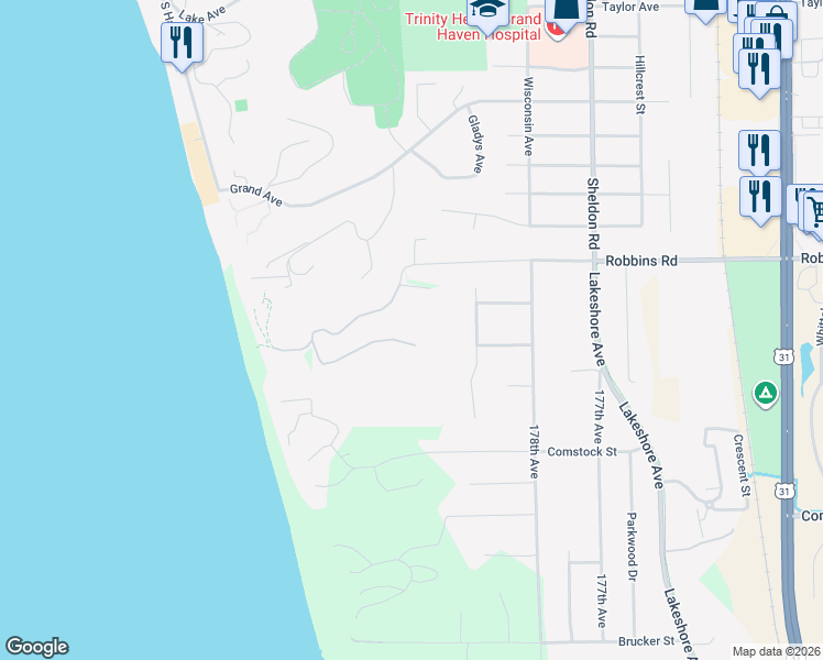 map of restaurants, bars, coffee shops, grocery stores, and more near 303 Stickney Ridge Rd in Grand Haven