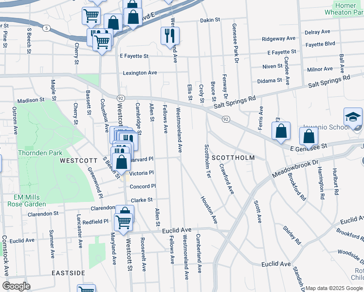 map of restaurants, bars, coffee shops, grocery stores, and more near 645 Westmoreland Avenue in Syracuse