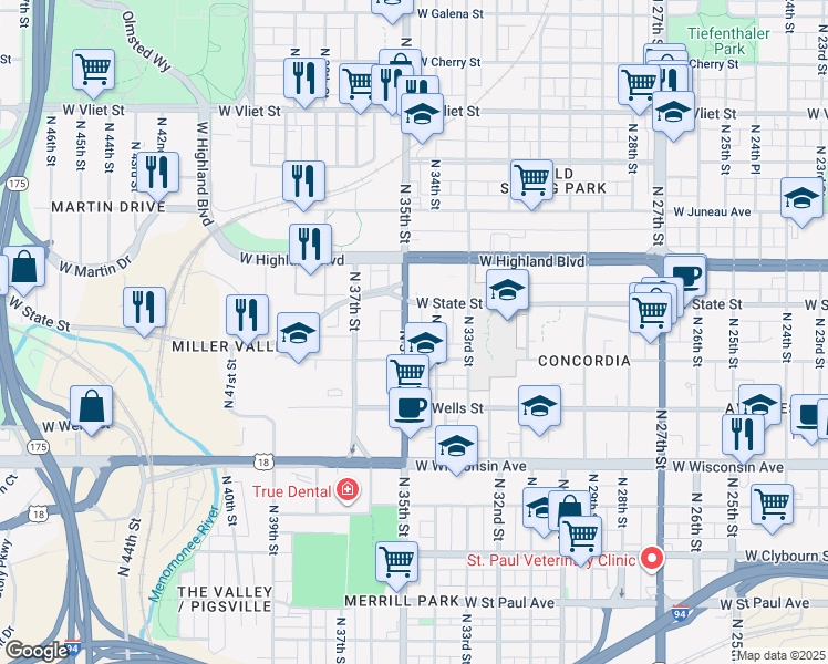 map of restaurants, bars, coffee shops, grocery stores, and more near 932 North 35th Street in Milwaukee