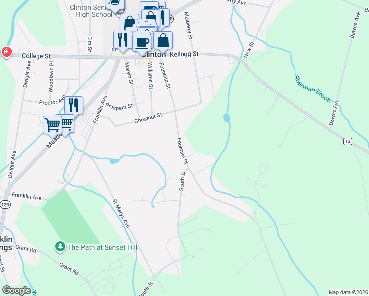 map of restaurants, bars, coffee shops, grocery stores, and more near 3904 Fountain Street in Clinton