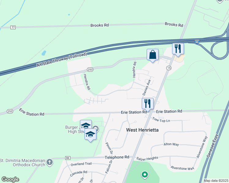 map of restaurants, bars, coffee shops, grocery stores, and more near 45 Hendrix Road in West Henrietta
