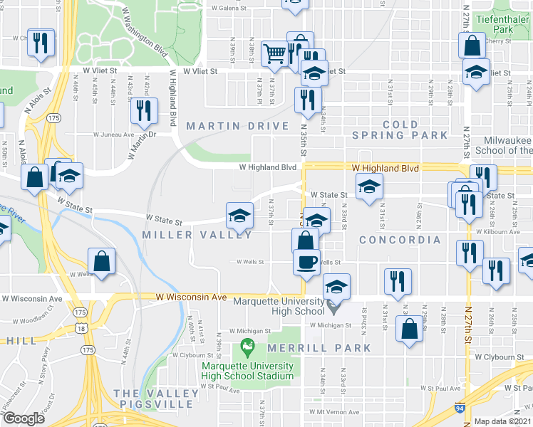 map of restaurants, bars, coffee shops, grocery stores, and more near 937 North 37th Street in Milwaukee