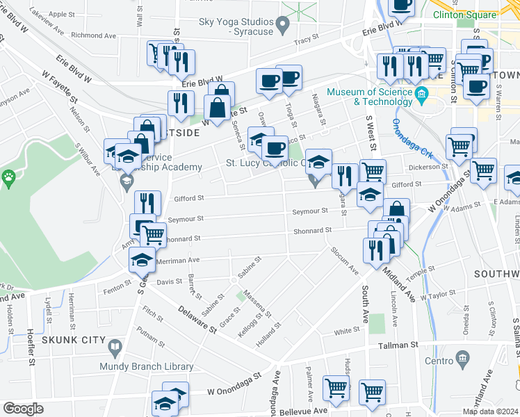 map of restaurants, bars, coffee shops, grocery stores, and more near 424 Seymour Street in Syracuse