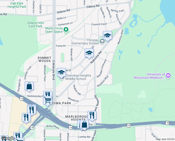 map of restaurants, bars, coffee shops, grocery stores, and more near 4121 Nakoma Rd in Madison