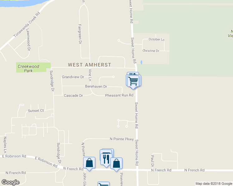 map of restaurants, bars, coffee shops, grocery stores, and more near 64 Pheasant Run Road in Buffalo