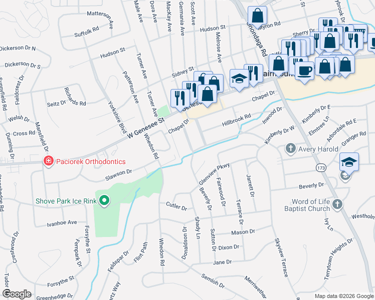 map of restaurants, bars, coffee shops, grocery stores, and more near 113 Edgewood Road in Syracuse