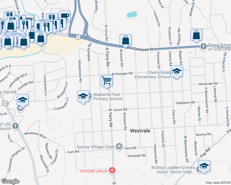 map of restaurants, bars, coffee shops, grocery stores, and more near 410 Clover Road in Syracuse