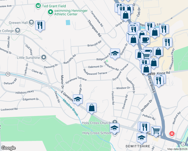 map of restaurants, bars, coffee shops, grocery stores, and more near 305 Wedgewood Terrace in Syracuse
