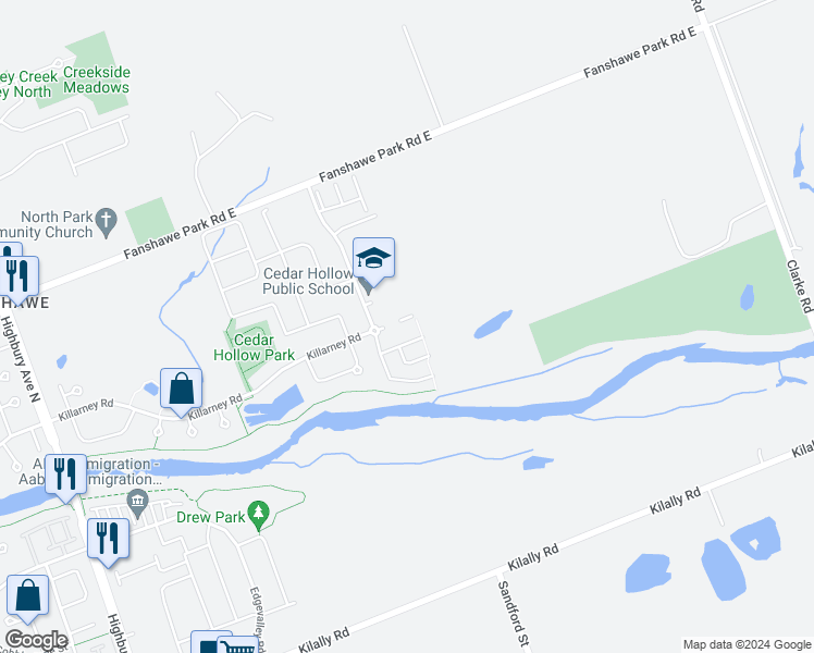 map of restaurants, bars, coffee shops, grocery stores, and more near 811 Killarney Road in London