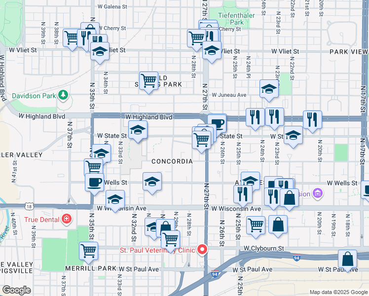 map of restaurants, bars, coffee shops, grocery stores, and more near 2819 West Richardson Place in Milwaukee