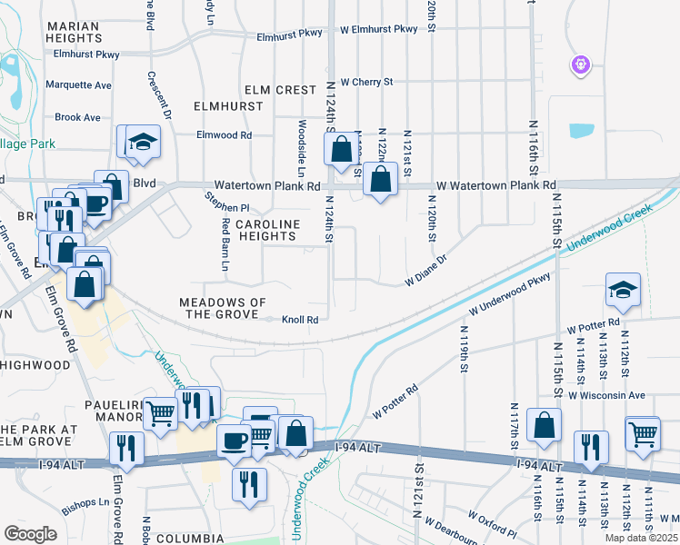map of restaurants, bars, coffee shops, grocery stores, and more near 1006 North 124th Street in Wauwatosa